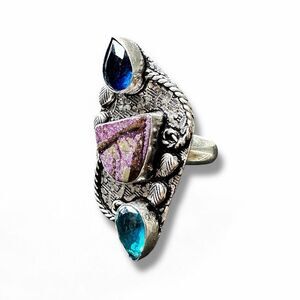 NEW Stunning Statement Boho Silver Ring Blue Topaz Stones Purple Purpurite 8